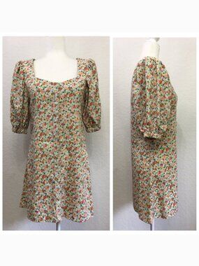 NADA Korean Fashion Women XS Floral Button Front Mini Dress Puffed Sleeves
